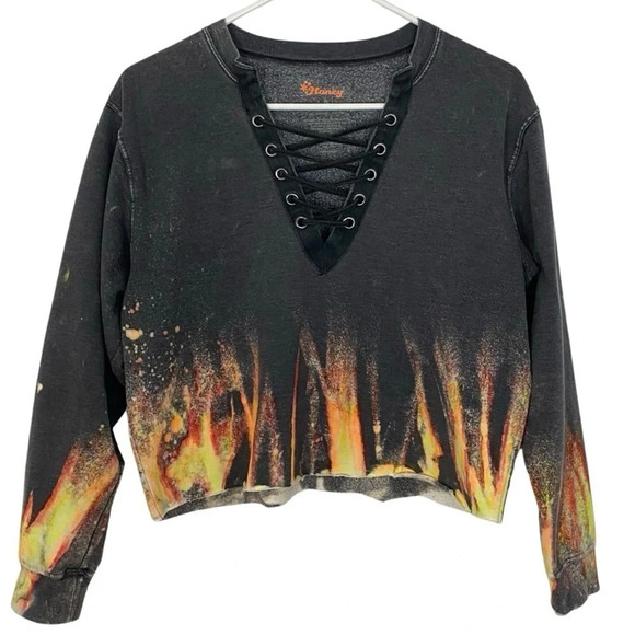 Upcycled Sweatshirt Pullover Crop Womens Small XS Medium Lace Up Reverse Tie Dye - Picture 1 of 11